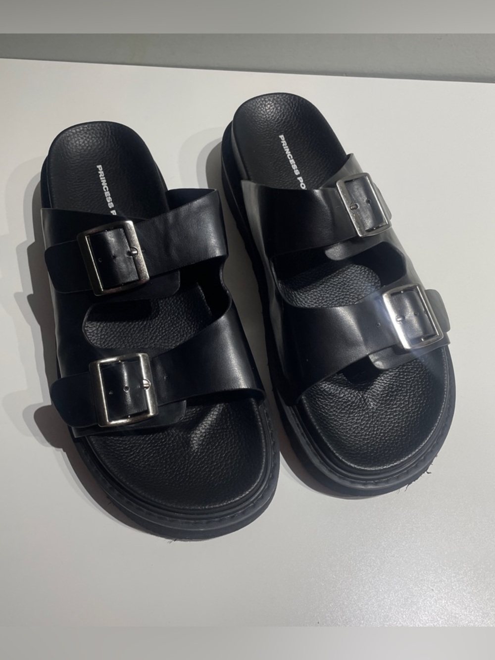 Princess Polly Black Double Buckle Slide Sandals 10